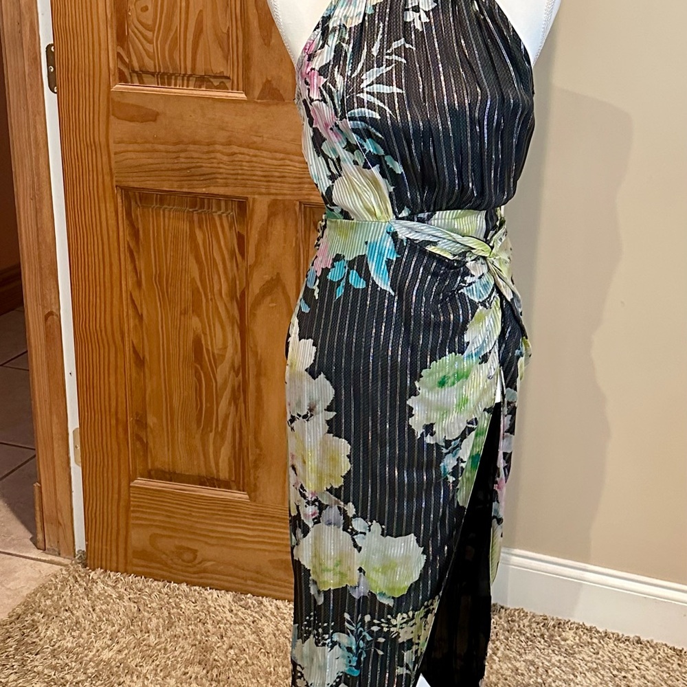 Rococo Sand  Floral Dress in Black side zip with Pastel Blooms